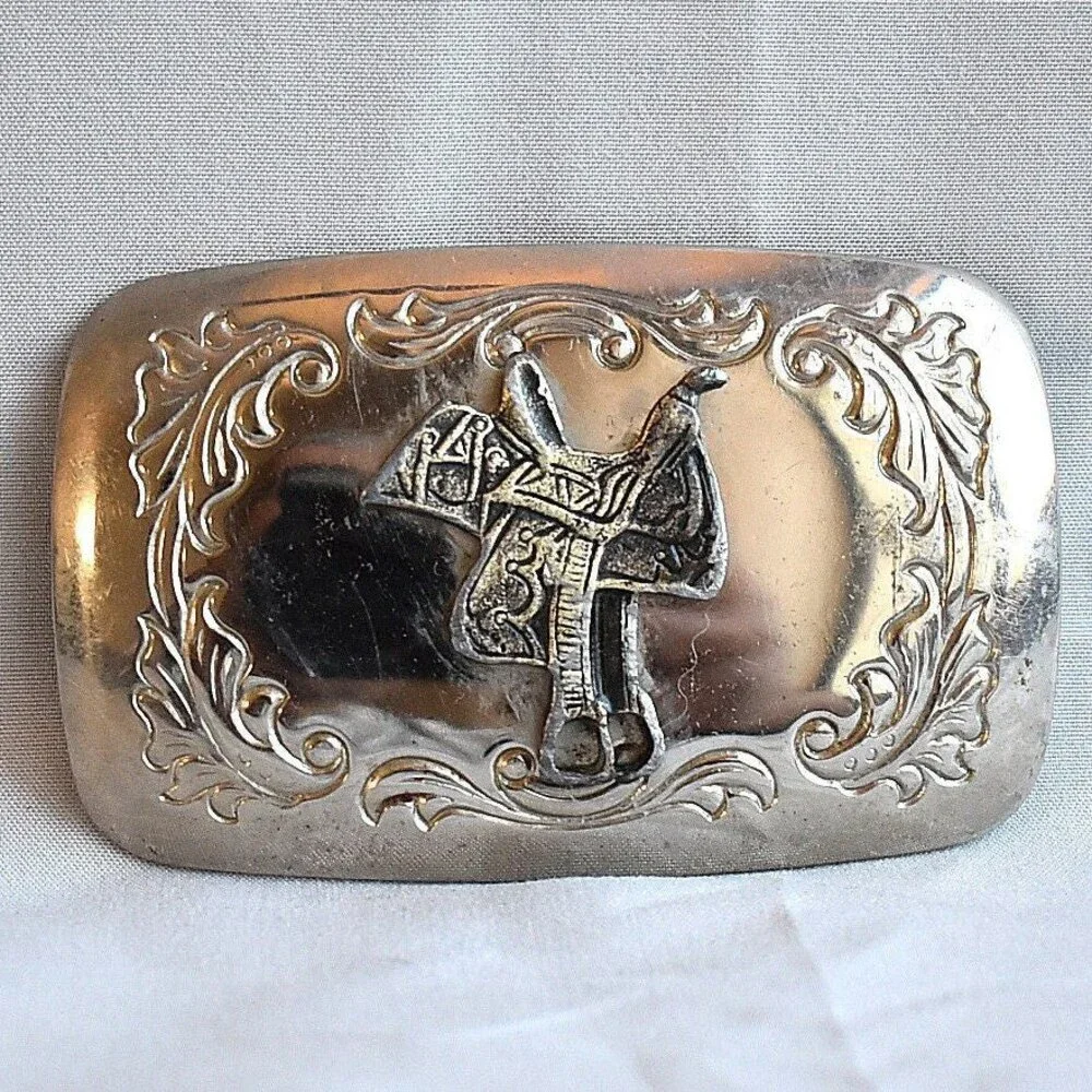Vintage Belt Buckle‎ Horse Saddle Filigree Stamped Engraved Etched Western USA